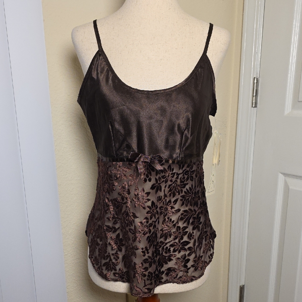 NWT Y2K Tryst Chocolate Brown Satin and Velvet Floral Camisole Top